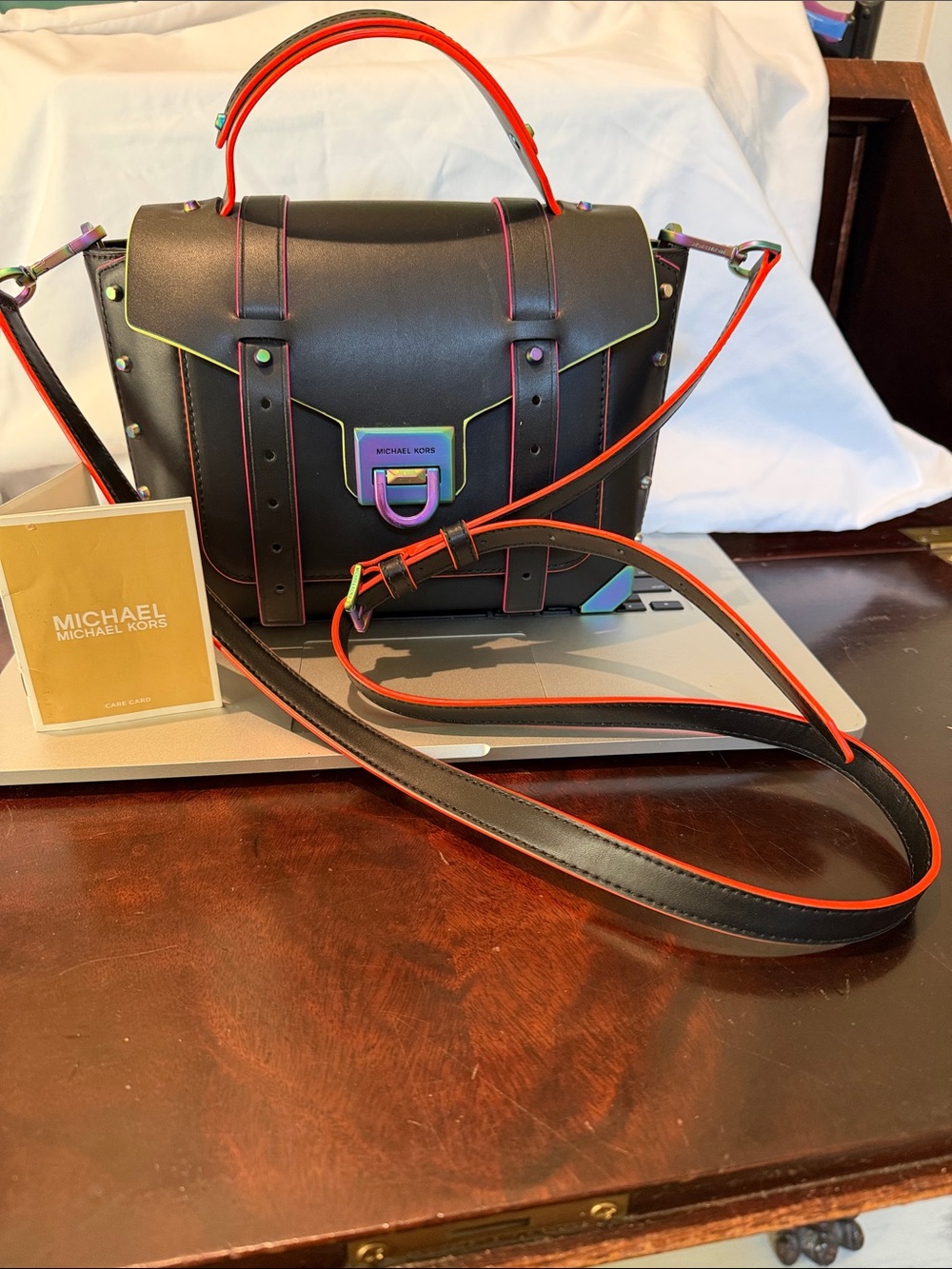 Michael Kors Black Leather Satchel with Neon Orange Trim